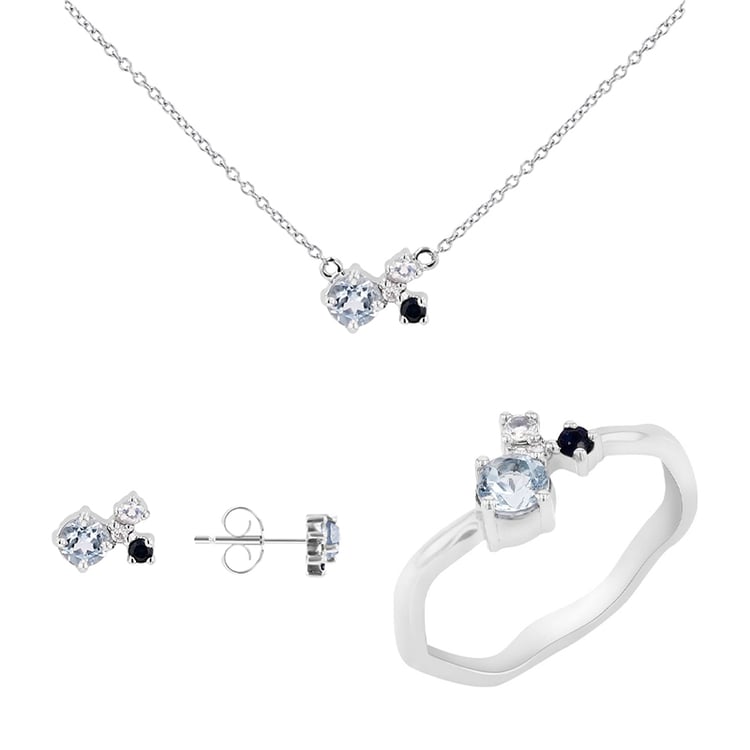 Silbernes Schmuckset mit Aquamarinen, Saphiren, Mondsteinen und Diamanten Halli 116714
