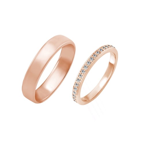 Eheringe aus Eternity-Ring mit Moissaniten und ein breiter Komfort-Ring Mewya