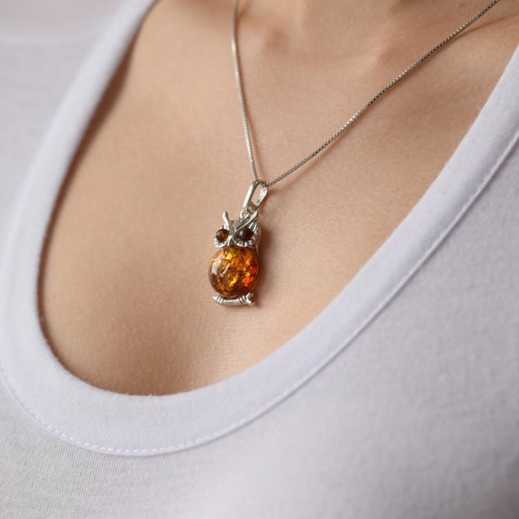 Bernstein Eule in Silber Halskette 13438