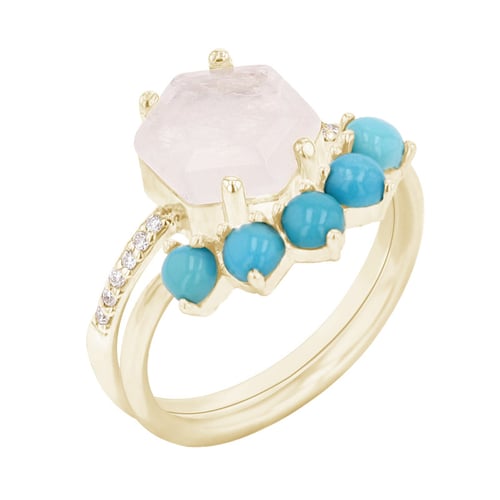 Goldenes Ring-Set mit Mondstein und Türkisen Riaz