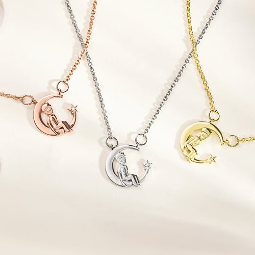Silberne Halskette in Form einer Mondsichel mit einem Diamanten Kleiner Prinz